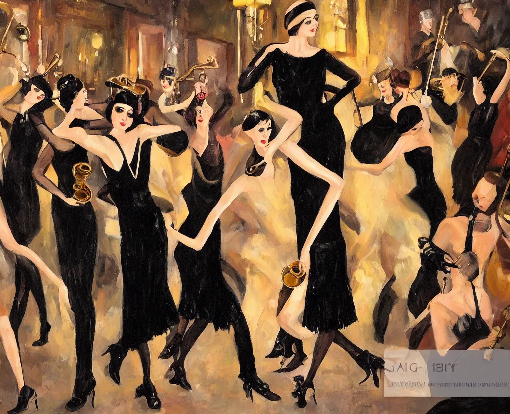 Prompt: realistic oil painting of a 1 9 2 0 s short - haired flapper woman in black satin gloves dancing on an open dancefloor. she is in front of a jazz brass band performing in the background, at a dimly lit speakeasy bar, jazz age, precise, wide shot, cohesive, stylistic, art deco, cinematic, low - lighting