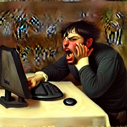 Image similar to an angry man yells at his computer monitor, oil on canvas, 1 8 8 3, highly detailed