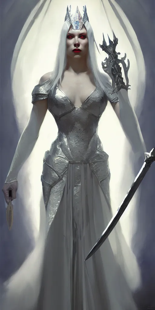 Image similar to craig mullins painting of queen of zokra, silver white hair, long gown, sorceress sword, soft lighting, trending on artstation, by huang guangjian and gil elvgren and sachin teng