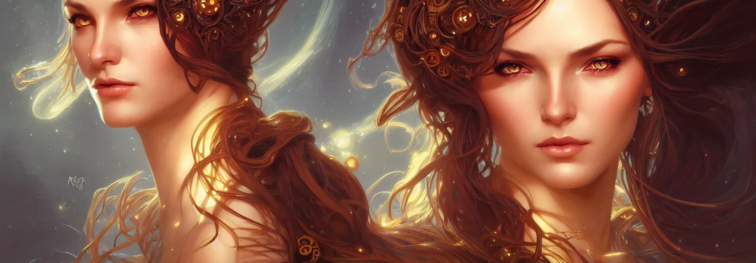 Image similar to fantasy magic woman portrait, sci-fi, amber eyes, face, long hair, fantasy, intricate, elegant, highly detailed, digital painting, artstation, concept art, smooth, sharp focus, illustration, art by artgerm and greg rutkowski and alphonse mucha