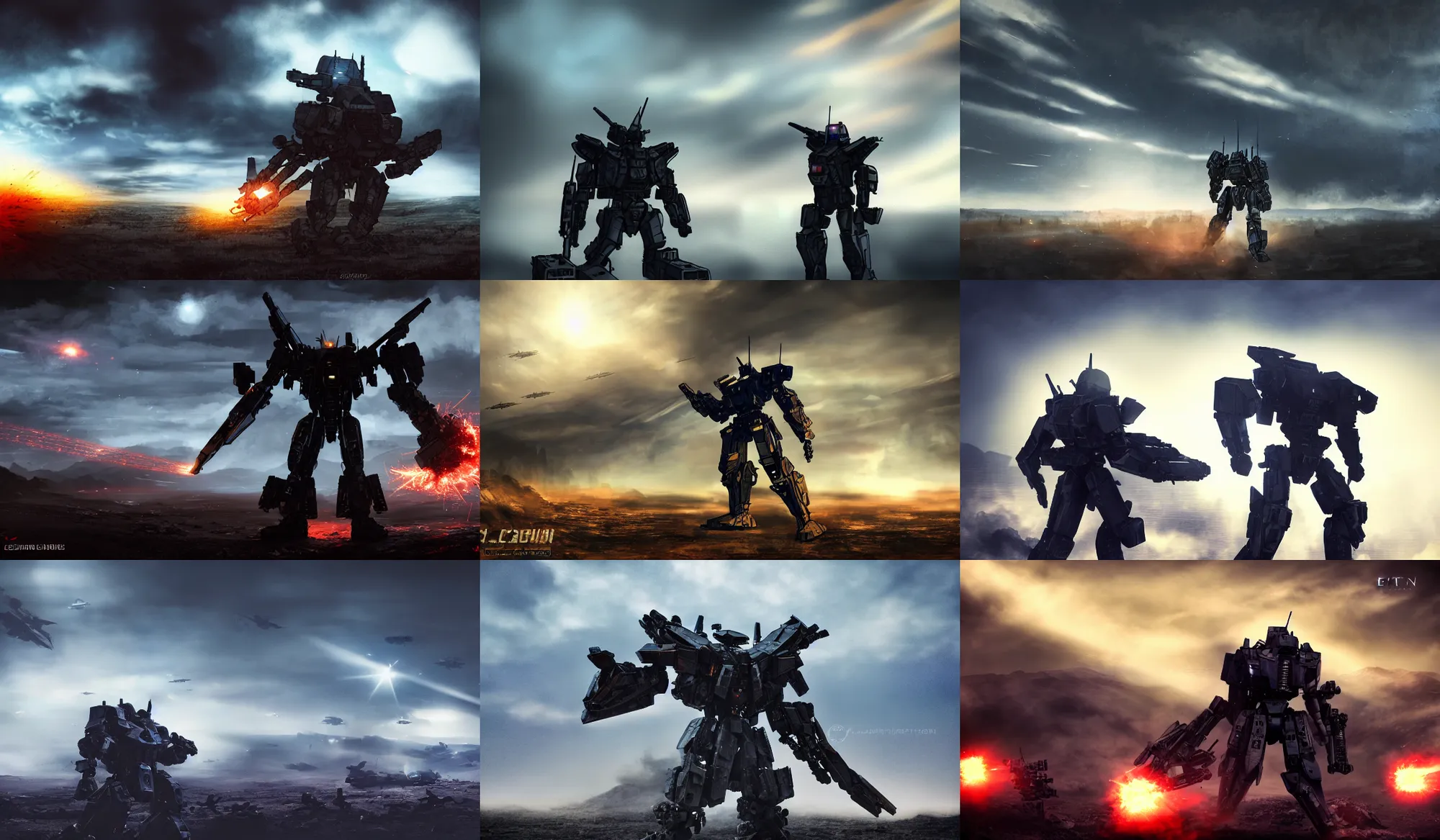 Prompt: an armored core v by kashin, wadim, booster flares, legs, laser rifles, karst landscape, very smoky, dark blue sky, cloud, wilderness ground, golden time, twilight ; wide shot, digital painting, photoreal, cinematic contrast, dynamic backlighting, sharp edge, motion blur