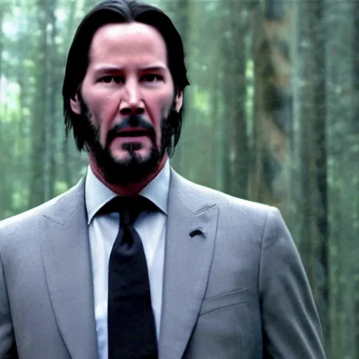 Prompt: A still of Keanu Reeves as President Snow in The Hunger Games (2012), white suit, white hair and beard