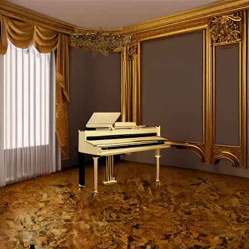 Image similar to piano room with golden vinyl hanging on walls, 8 k, digital art.