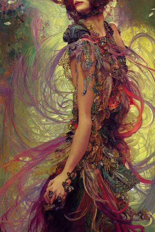 Prompt: a beautifull intricate painting of a beatifull woman wearing a feathered cloak surrounded by ornate tendrils, butterflies, fractals, flying silk, vivid colors, hyper detailed, artstation, by jeremy mann, by alphonse mucha,