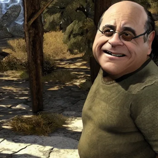 Image similar to a screenshot of danny devito in the video game skyrim. 3 d rendering, unreal engine. amazing likeness. very detailed. cartoon caricature