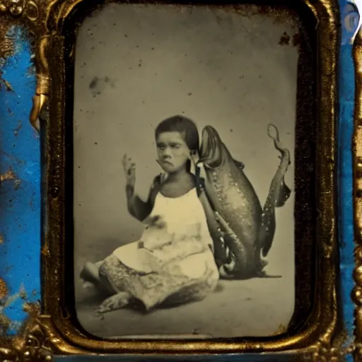Prompt: tintype photo, floating underwater, child with huge squid