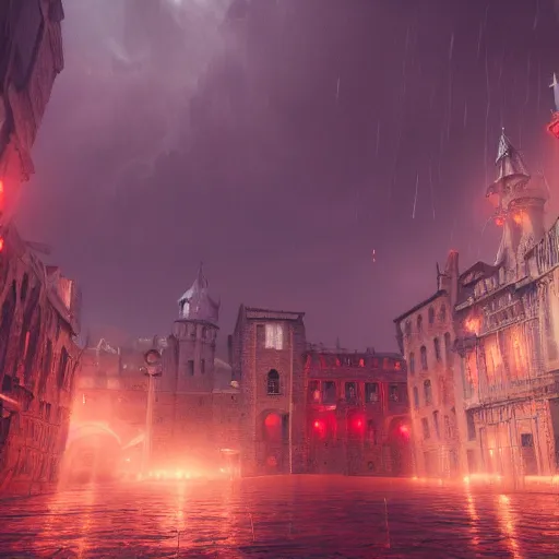 Prompt: medieval city, red violent magical thunderstorm, behrens style, unreal 5 render, fantasy digital art, octane render, beautiful composition, trending on artstation, award - winning photograph, masterpiece