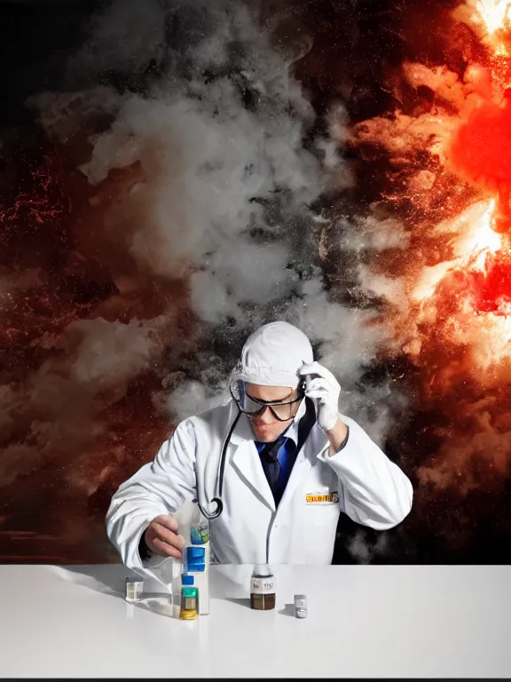 Image similar to scientist in a white coat, chemicals explosion on a white table in front of the scientist, digital art, digital painting, masterpiece, anatomically correct, five fingers, cinematic, high coherence, realistic, high quality, highly detailed, 8 k, dramatic lighting, path traced, centered, high definition