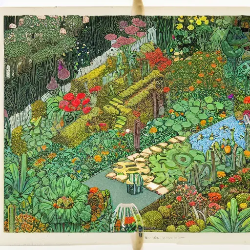 Image similar to an illustration of a beautiful garden, isometric view, painted by moebius and james jean