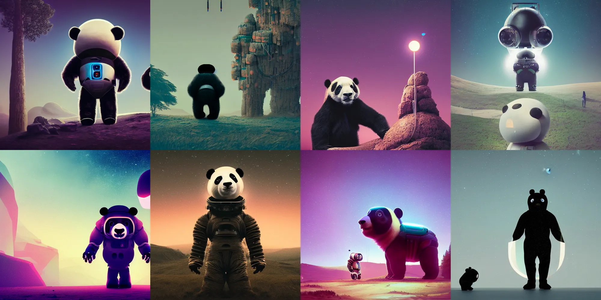 Prompt: beautiful dark landscape, panda bear wearing a space helmet standing looking at a giant cyborg robot panda bear, in the style of beeple and Mike Winkelmann, photo real, ultra realistic, intricate, epic lighting, 8k resolution,