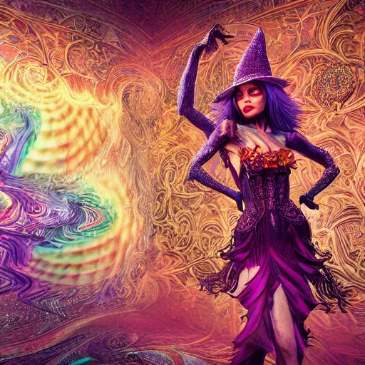 Image similar to psychadelic witch, hyper detailed, flowing psychadelic background intricate and detailed, ornate 8 k gorgeous intricate detailed, octane render