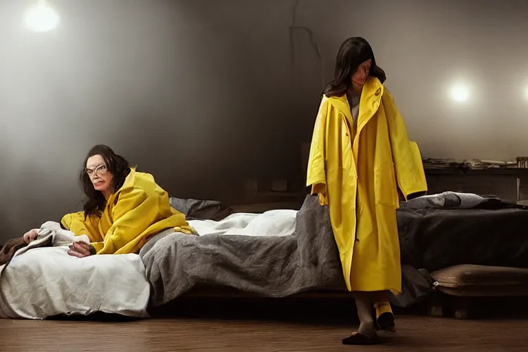 Prompt: a dark-haired woman wearing a yellow raincoat sitting on the floor in front of a bed covered with white linen, puzzle pieces are hovering in the air, a sense of awe, atmospheric, cinematic, very detailed, volumetric lighting, Oil Paint, by Weta Digital