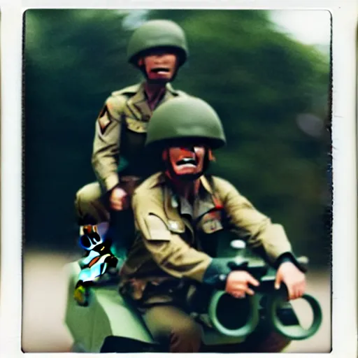 Image similar to polaroid photo of a person looking like donald trump as a soldier in vietnam, riding tank