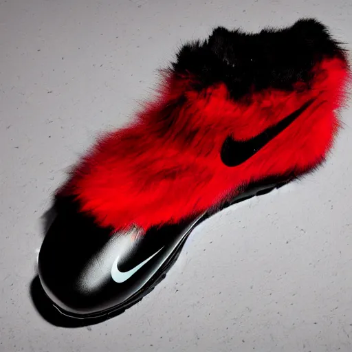 Image similar to nike model shoe made of very fluffy red and black faux fur placed on reflective surface, spiderman colors professional advertising, overhead lighting, heavy detail, realistic by nate vanhook, mark miner