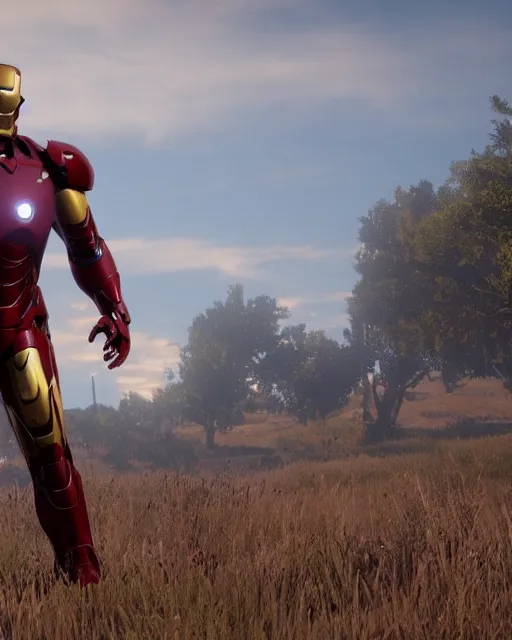Image similar to robust and bulky iron man suit in red dead redemption 2, cinematic, photorealistic