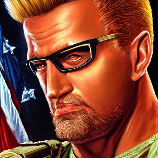 Image similar to portrait painting of duke nukem, art by larry elmore, 4 k,, highly detailed, epic lighting