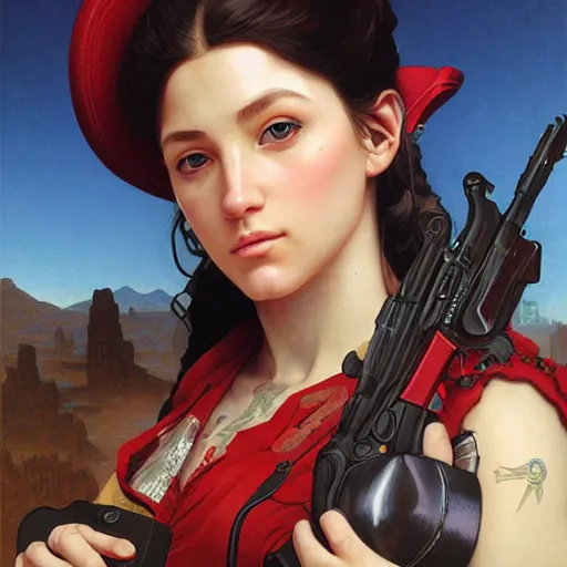 Prompt: a portrait painting of a gunslinger fantasy lady, highly detailed, art by tristan eaton and artgerm and william - adolphe bouguereau