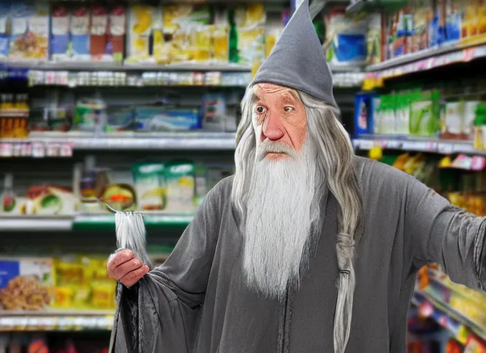 Prompt: digital art of Gandalf wearing wizard hat, stacking supermarket shelves, depressing, sad