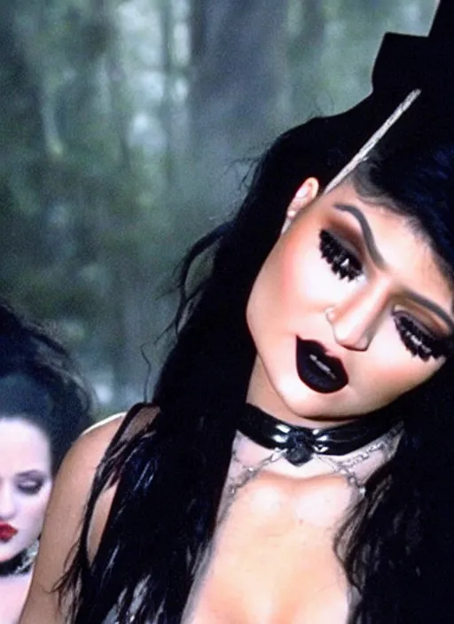 Prompt: film still of kylie jenner as a gothic vampire in the movie the lost boys