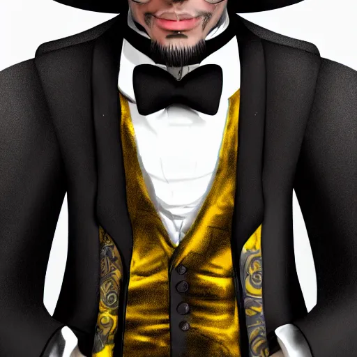 Image similar to a highly detailed portrait of a man in a high top hat covering his face, in a black tailcoat with a yellow waistcoat under the tailcoat, artstation, deviantart, professional, unreal engine 5, photorealistic