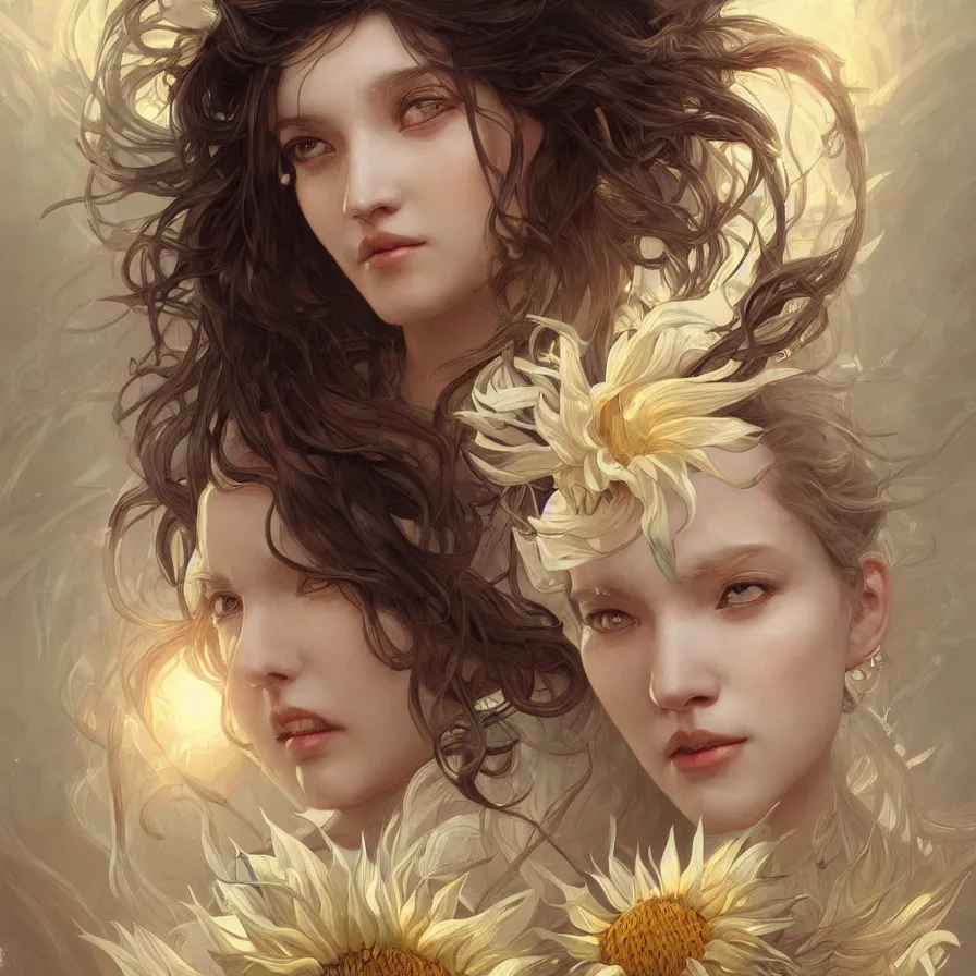 Image similar to portrait of white sunflower goddess with east-asian facial features, highly detailed, digital painting, artstation, concept art, sharp focus, illustration, art by artgerm and greg rutkowski and alphonse mucha