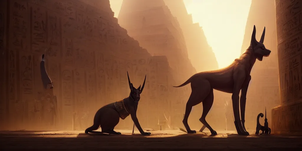 Image similar to anubis in egypt city, sharp focus, wide shot, trending on artstation, masterpiece by greg rutkowski by ross tran by fenghua zho