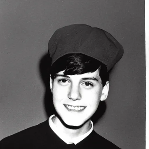 Prompt: a yearbook photo of Jughead Jones in 1966, he is wearing a hat that resembles a crown