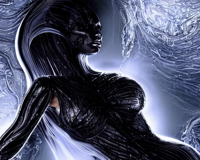 Image similar to epic full body shot still of kim kardashian unconscious wearing a black lace dress trapped in a transparent alien liquid, wet flowing hair, gooey skin, illustration, unreal engine 5, 8 k, made by h. r. giger.