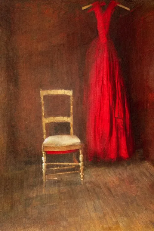 Image similar to an empty red dress laid across a chair in a dark victorian era room. in the style of american impressionism painting.