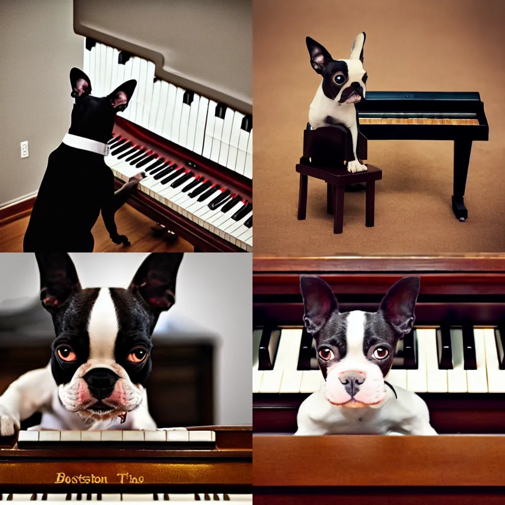 Prompt: a boston terrier playing the piano, photography