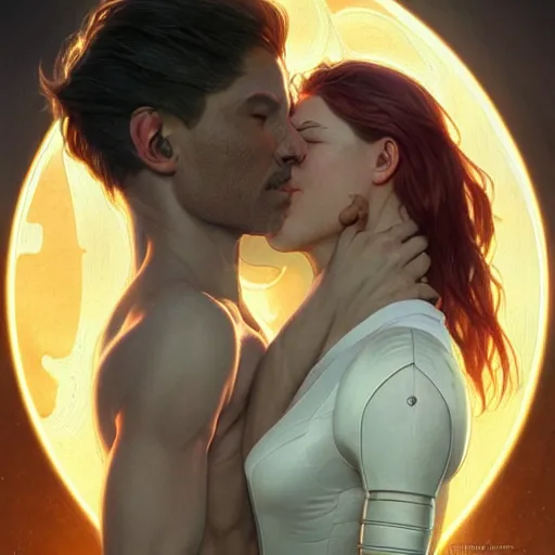 Prompt: two androids kissing at the end of the universe, detailed fantasy character portrait, D&D, highly detailed, digital painting, artstation, concept art, sharp focus, illustration, art by artgerm and greg rutkowski and alphonse mucha