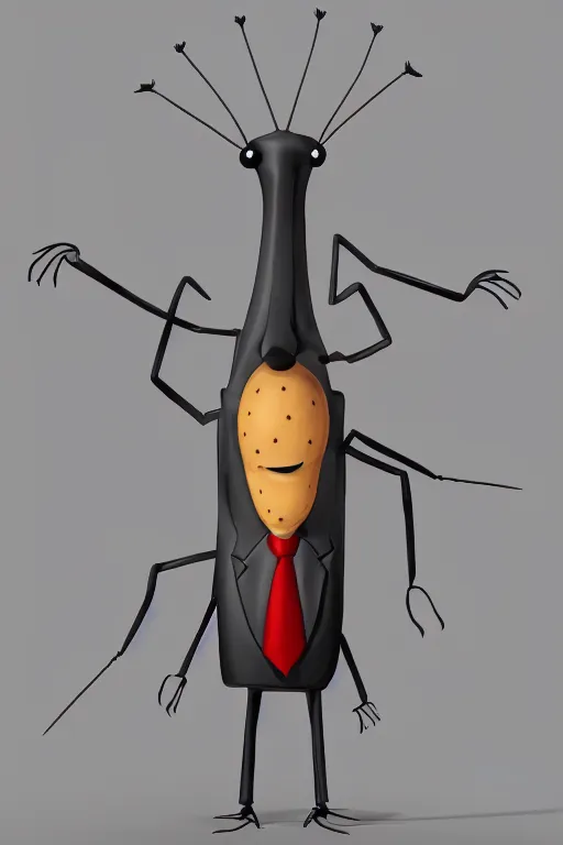 Prompt: full body shot of a thin anthropomorphic cockroach wearing a suit with a tie, with long antennae, trending on artstation, trending on deviantart ,backlighting, 8k, hyper detail illustration, symmetrical, correct proportions, 3d render, by tim schafer, vibrant colors, disney studios