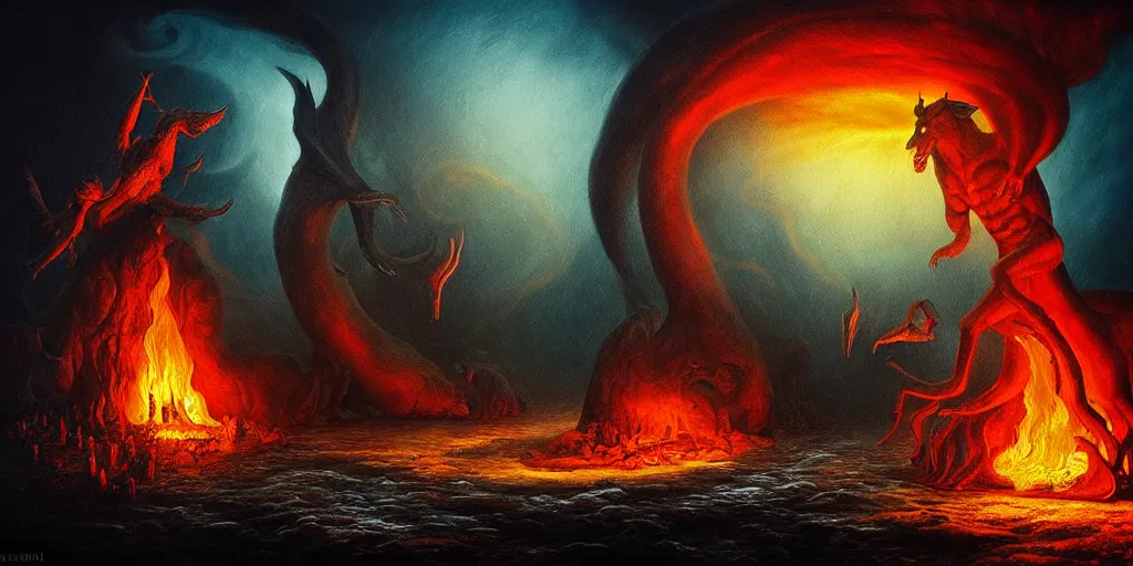 Image similar to mythical creatures and monsters at the mouth of hell, dramatic lighting glow from giant fire, in a dark surreal painting by ronny khalil