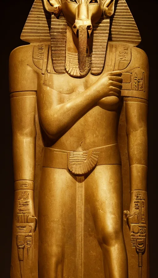 Image similar to a portrait of a statue of the Egyptian god Anubis wearing a gold-rimmed toga. Dark cavern is in the background. Key lighting 8K dslr photograph