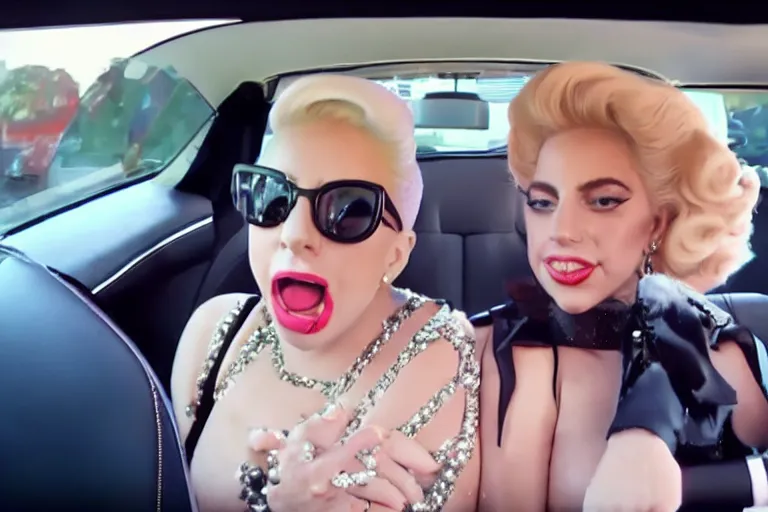 Image similar to lady gaga and judy garland carpool karaoke, highly realistic, highly detailed, high resolution, 8 k 4 k,