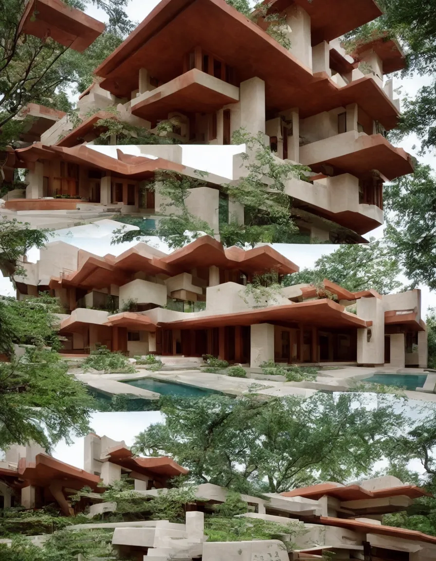 Prompt: a flowing villa with architectural design ， by frank lloyd wright ， trending ，