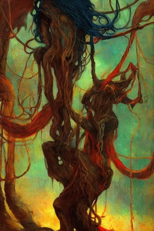 Prompt: tangling mighty roots dangling miserable dirge placid terror by trending on artstation, fantasy, full of colors, realistic materials, photo realistic, postprocessing painting by caspar david frederich print by mabel royds