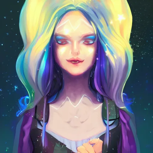 Image similar to a nonbinary changeling wearing a starry cloak, aurora colored hair, starry eyes, curious expression, character art, full body art, people watching, trending on artstation, artgerm, 4k ultra hd, sharp focus, digital art by Ilya Kuvshinov and Ross Tran,