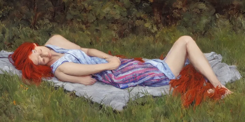 Image similar to redhead sleeping outside in summer, artstation james gurney