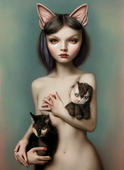 Image similar to pop surrealism, lowbrow art, realistic cute alice girl painting, holding a cat, hyper realism, muted colours, rococo, natalie shau, loreta lux, tom bagshaw, mark ryden, trevor brown style,