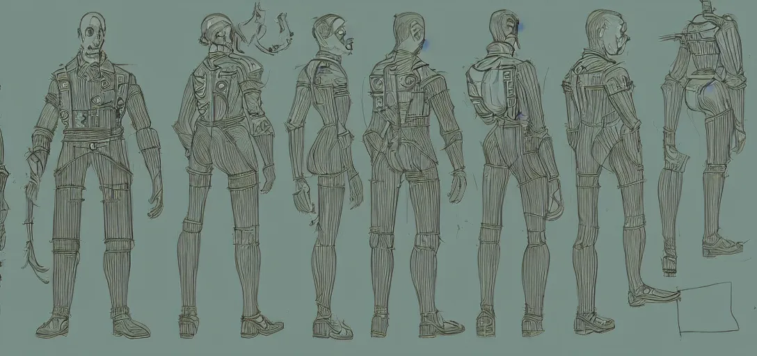 Prompt: blueprints for bioshock character, concept art, blueprint,