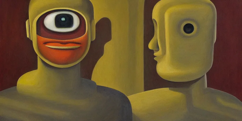 Image similar to super - intelligent robot with kind eyes portrait, grant wood, pj crook, edward hopper, oil on canvas