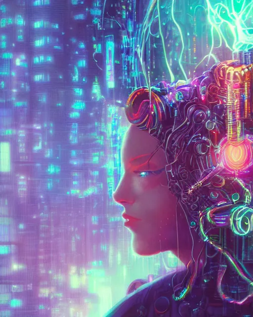 Prompt: a cyberpunk close up portrait of enchanting cyborg medusa, electricity, rainbow, snakes in hair, sparks, bokeh, soft focus, sparkling, glisten, water drops, cold, dark, geometric, temples behind her, by paul lehr, jesper ejsing