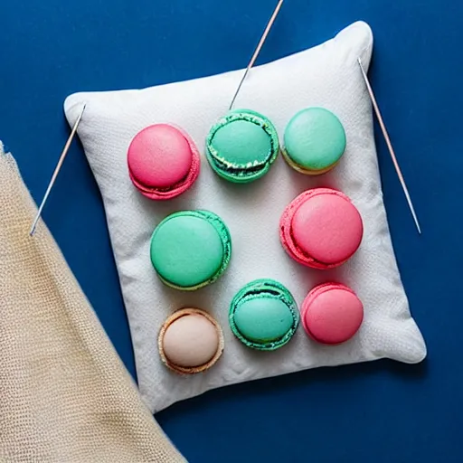 Image similar to macaron needle pillow with many needles on a plate