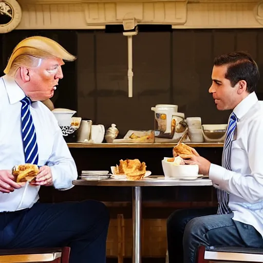 Image similar to photograph of trump and Biden sitting and eating breakfast at a Wafflehouse