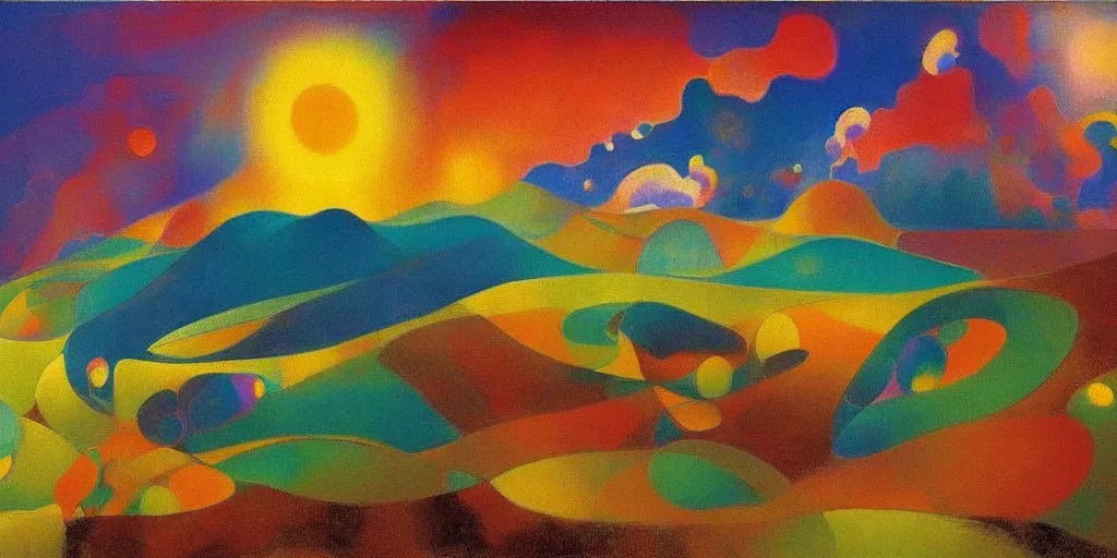 Image similar to An insane, modernist landscape painting. Wild energy patterns rippling in all directions. Curves, organic, zig-zags. Mountains, clouds. Rushing water. Waves. Psychedelic dream world. Odilon Redon. Agnes Pelton. Peter Max.