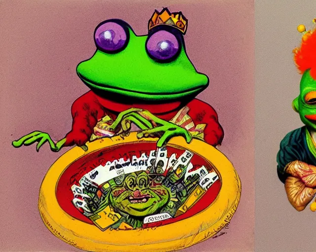 Prompt: The Clown Frog King wins the jackpot, king pepe with rainbow wig, painting by Frank Frazetta, sketch by Robert Crumb and painting by Ralph McQuarrie