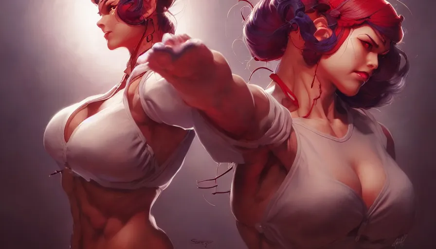 Image similar to street fighter, game, pinup, intricate faces, beautiful, george miller, made by stanley artgerm lau, wlop, rossdraws, james jean, andrei riabovitchev, marc simonetti, yoshitaka amano, beksinski artstation, cgsociety