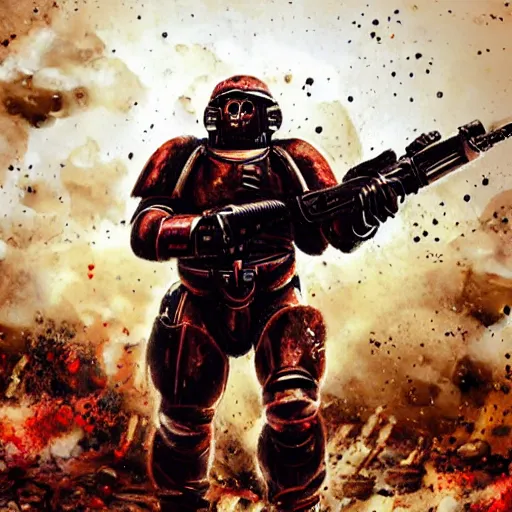 Image similar to heavy armor soldier wearing space marine like armor but in real life, walking in a river of blood full of human bloody dead bodies and human parts, shooting with his gun, explosions in background, painting style