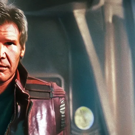 Prompt: film still of 1980s Harrison Ford as Star Lord in Guardians of the Galaxy